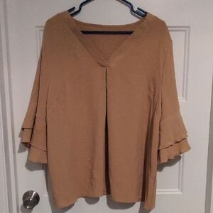 SHEIN Curve Tan V-Neck Tiered Bell Sleeve Blouse 2XL